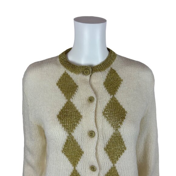 Vintage 80s Metallic Cardigan Women's Large Gold Harlequin Diamonds Sweater - Picture 3 of 8